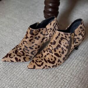 MAUD FRIZON Leopard Print Leather Ankle Boots with Black Patent Heels, Gold Zips